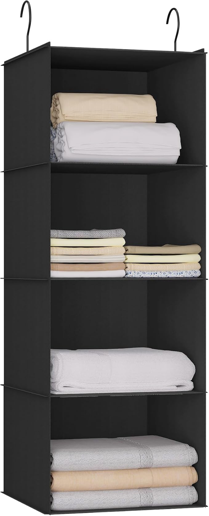 Hanging Closet Organizer 4-Shelf, Oxford Fabric Wardrobe Storage, Black | Easy-mount foldable design holds clothes, handbags, shoes & accessories; washable Oxford fabric, sturdy and space-saving. by DonYeco