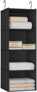 Hanging Closet Organizer 4-Shelf, Oxford Fabric Wardrobe Storage, Black | Easy-mount foldable design holds clothes, handbags, shoes & accessories; washable Oxford fabric, sturdy and space-saving. by DonYeco