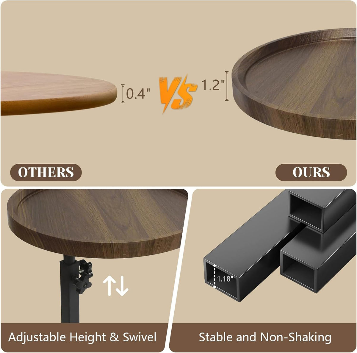 C Table End Table Adjustable Height, Couch Tables That slide under for Small Spaces, 360°Swivel TV Tray Table, C Shaped Side Tables Living Room and Bedroom for Sofa, Bed, Chair, Snack (Walnut Brown) - Image 6