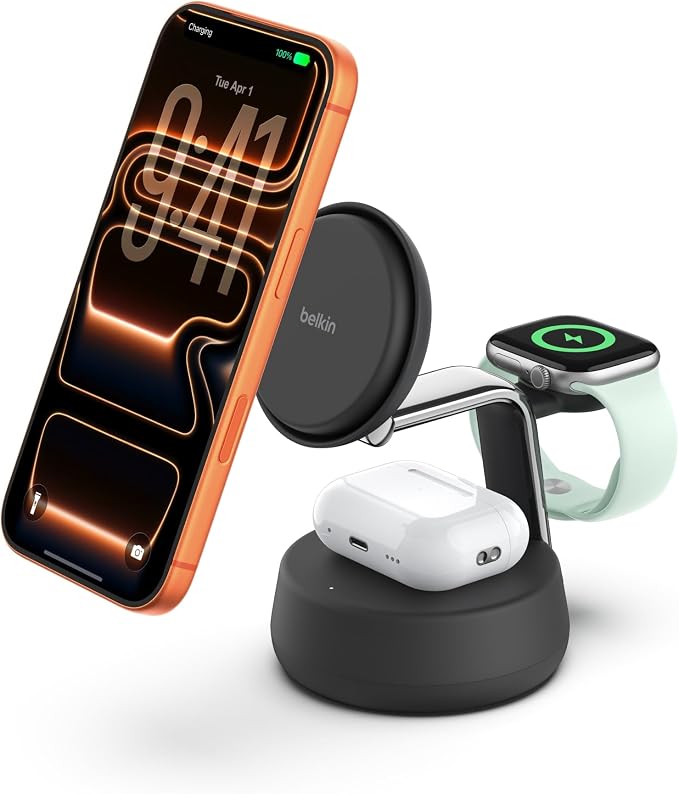 Belkin Qi2.2 25W Wireless Fast Charging Station, 3 in 1 iPhone Charger | Fast Charging, MagSafe Compatible, iPhone 17/16/15, Apple Watch, AirPods, Travel Charger, Magnetic by Unknown