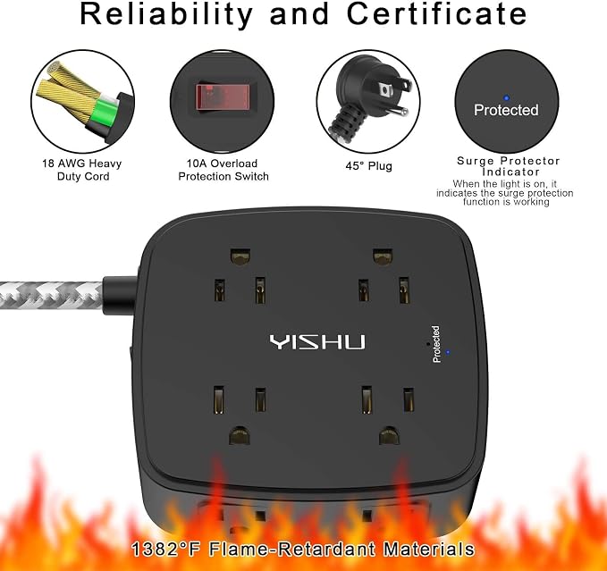 Surge Protector Power Strip - YISHU 8 Outlets with 4 USB (2 USB C) Charging Ports, 6Ft Braided Extension Cord, Flat Plug Multi Plug Outlet Extender Charging Station for Home Office, ETL, Black - Image 6