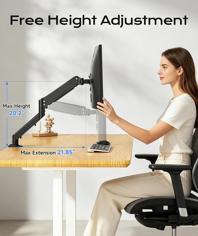Pholiten Single Monitor Mount for up to 35" Screens | Fully Adjustable Gas Spring Arm, Holds up to 24lb, VESA 75/100mm, Black - Image 5