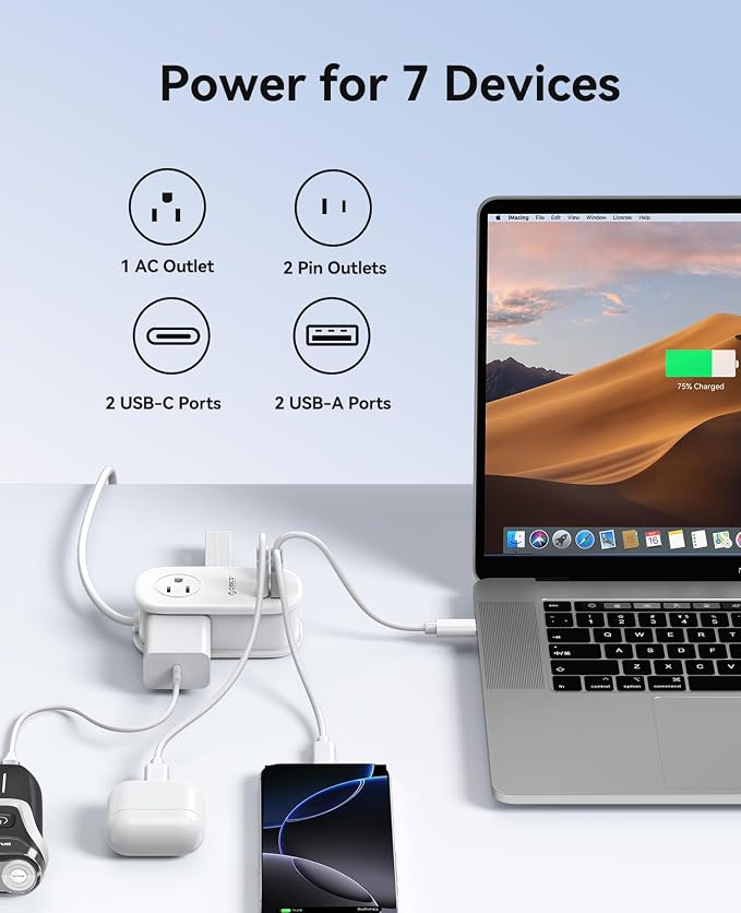 ORICO 65W GaN Travel Power Strip with Flat Plug and 4FT Extension Cord | 7-in-1 Charging Ports (3 AC Outlets/2 USB-A/2 USB-C), Fast Charger for MacBook Pro/Air, iPad Pro, iPhone 17/16/15- AP3 - Image 2