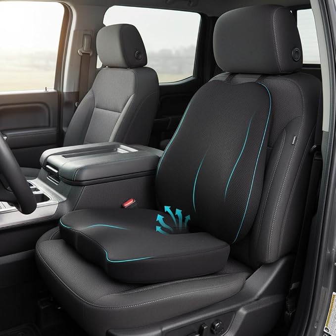 Car Seat Cushion with Lumbar Support, Memory Foam for Long Driving | 3D Breathable Mesh, 60D Memory Foam, Non-slip Base And Adjustable Strap; For Cars, Trucks, Office And Gaming Chairs, Black by Stepxi