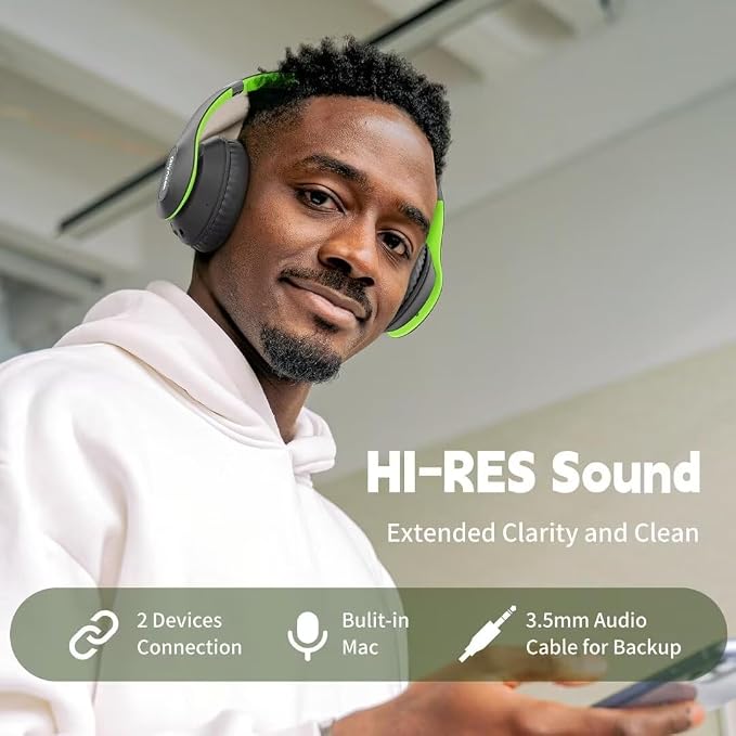 Wireless Bluetooth Headphones Over Ear V6.0 HiFi Stereo with Mic | 65H Playtime 6EQ Modes Foldable Bluetooth Headset with Microphone for Travel Smartphone Computer Laptop Green - Image 2