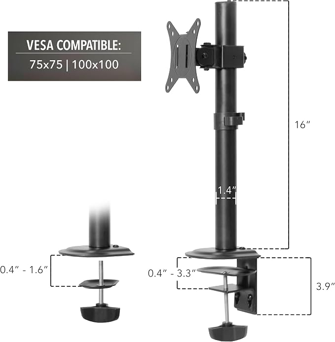 Mount-It! Single Monitor Desk Mount, Full Motion Arm, Fits 17-32" Screens | Full motion arm adjusts tilt, swivel & rotate, VESA compatible, clamp & grommet base. - Image 8