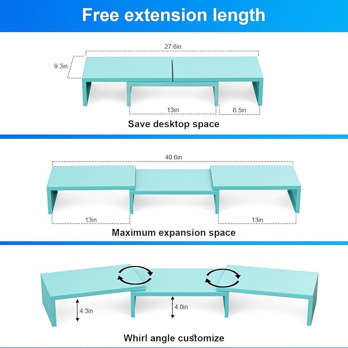 Dual Monitor Stand Riser | Monitor Stand for Desk, Metal Computer Stand, Desk Shelf Riser,Desktop Organizer for Home and Office Use (Blue) - Image 4