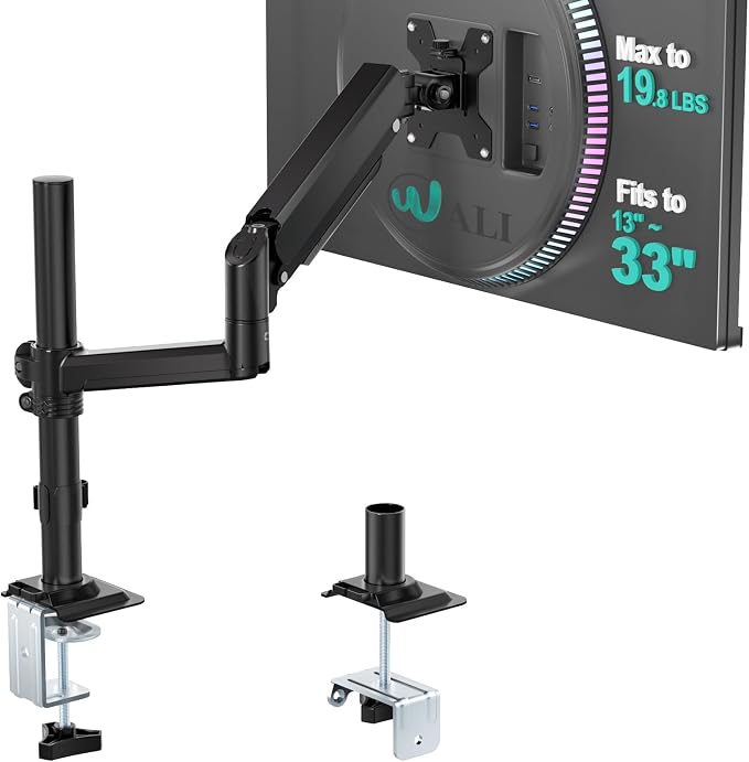WALI Tall Single Monitor Arm for 13-33 inch Screens, up to 19.8 lbs | Height Adjustable Monitor Desk Mount, Full Motion with Tilt, Swivel, C-Clamp & Grommet Base, VESA 75/100mm (GSDM001), Black by WALI