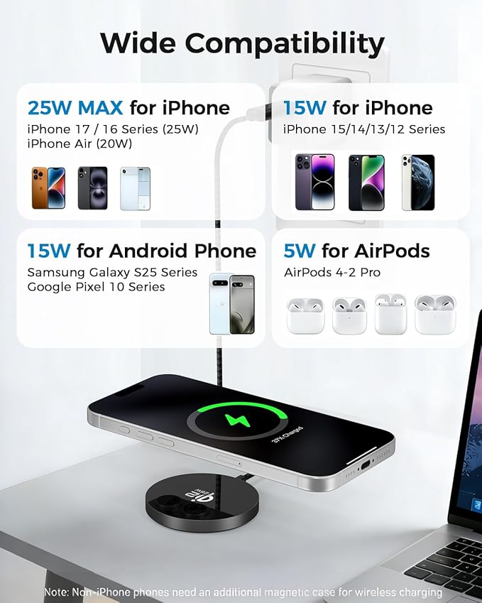 25W Magnetic Wireless Charger, Qi2.2 Fast Wireless Charging Pads with Kickstand,MagSafe Charger for iPhone 17/16/15/14/13/12 Series & AirPods 4/3/2/Pro, Samsung S26 S25 Series, Google Pixel 10 - Image 4
