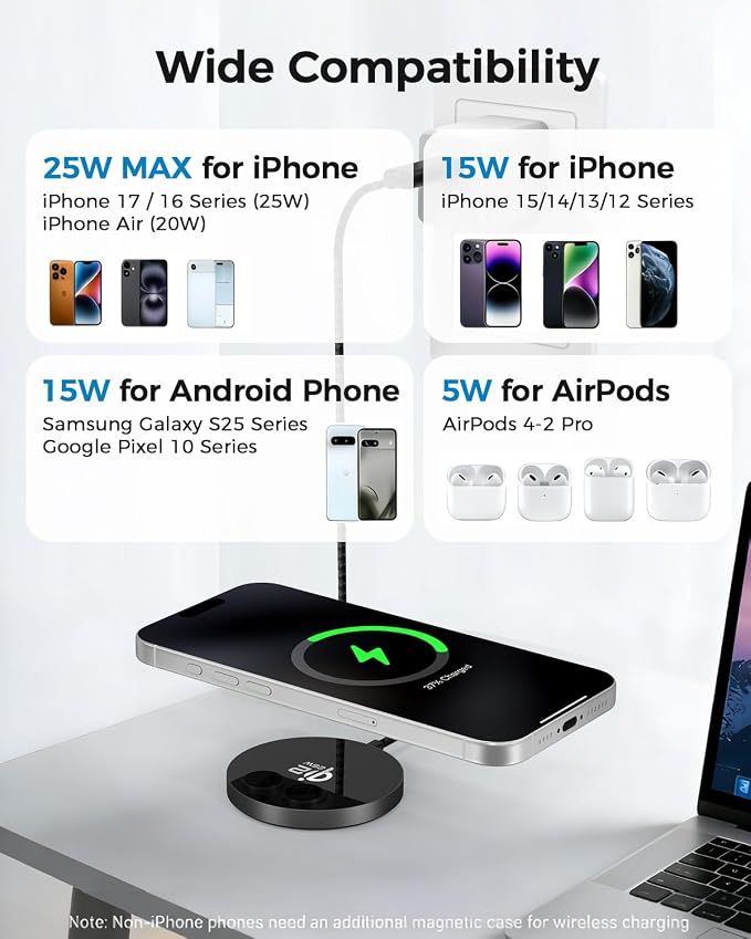 25W Magnetic Wireless Charger, Qi2.2 Fast Wireless Charging Pads with Kickstand,MagSafe Charger for iPhone 17/16/15/14 Series & AirPods 4/3/2/Pro, Samsung S26 S25 Series, Google Pixel, 2 Pack - Image 4