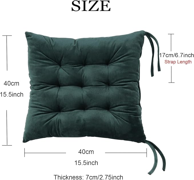 Set of 4 Chair Cushions for Dining Chairs with Ties, Indoor Non-Slip Kitchen Chair Pad and Dining Room Seat Cushion Mat for Office Living Room Outdoor 15.5" - Dark Green - Image 2