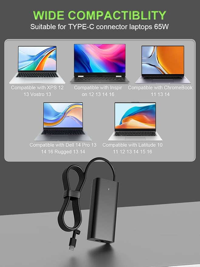 65W USB C Charger Compatible with Dell Pro 13 14 16 Xps 12 13 9315 7390 inspiron-7306 5620 5310 Chromebook 3100 3110 Latitude 5410 5330 5420 5440 5450 7410 7400 Laptop - Image 3