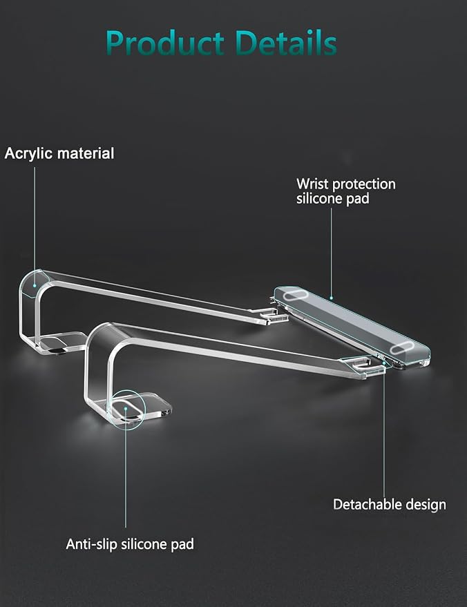 JCZT Clear Acrylic Laptop Stand for Desk, Laptop Riser with Wrist Rest | Ergonomic Detachable Portable Laptop Stand for Desk, Notebook Holder Compatible with MacBook Air Pro, All 10-17'' Laptops - Image 8