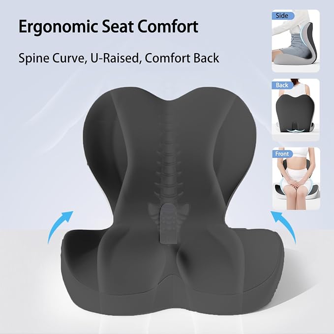 Back and Seat Cushion for Office, Back & Tailbone Pain Relief, Raised Cushion for Lumbar and Butt, Double-Sided Anti-Slip, Improves Sitting Posture, Ergonomic Memory Foam Lumbar Cushion (Dark Gray) - Image 5