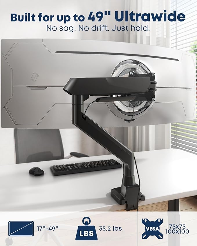 Ultrawide Monitor Arm fits 17-49 Inch Heavy Duty Flat/Curved Monitor | Cable Management, Full Motion, Gas Spring Arm, Holds 35.2 lbs with Clamp & Grommet Desk Mount, VESA 75/100mm, Black - Image 2