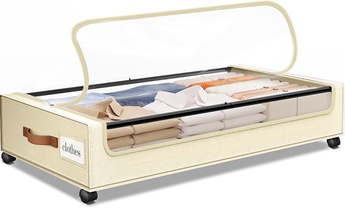 Under Bed Storage with Wheels 1Pack Storage Containers with Clear Window | Under Bed Drawers Rolling Under Bed Storage for Clothes,Shoes, Blankets (30.71 x 16.93 x 6.69 in, Beige) by SpaceHacks