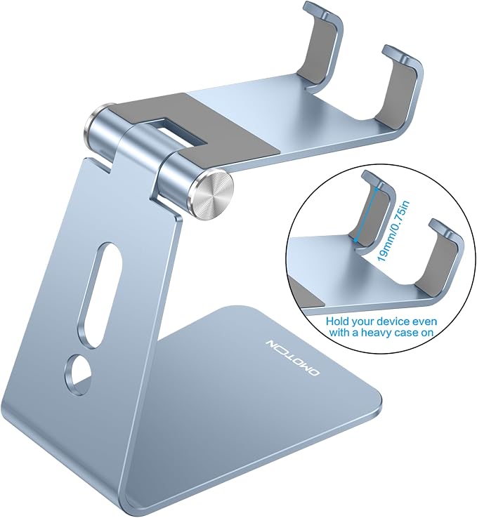 OMOTON Adjustable Cell Phone Stand, Aluminum Desktop Cellphone Stand with Anti-Slip Base and Convenient Charging Port, Fits All Smart Phones, Light Blue - Image 2
