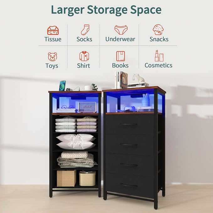 Yoobure Night Stand - LED Nightstand with Charging Station, Tall Nightstand for Bedroom, Bedside Table with 4 Fabric Storage Drawers and Storage Shelf, End Table with USB Ports and Outlets - Image 6