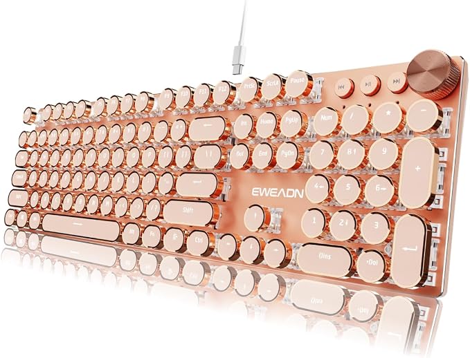 EWEADN Wired Typewriter Mechanical Keyboard, Low Noise Pink Switch Retro Punk Keyboard with Media Knob, White Backlit, Metal Panel, 104-Key Round Keycaps Cute Keyboard for Windows PC- Rose Gold by SEUNKWANG