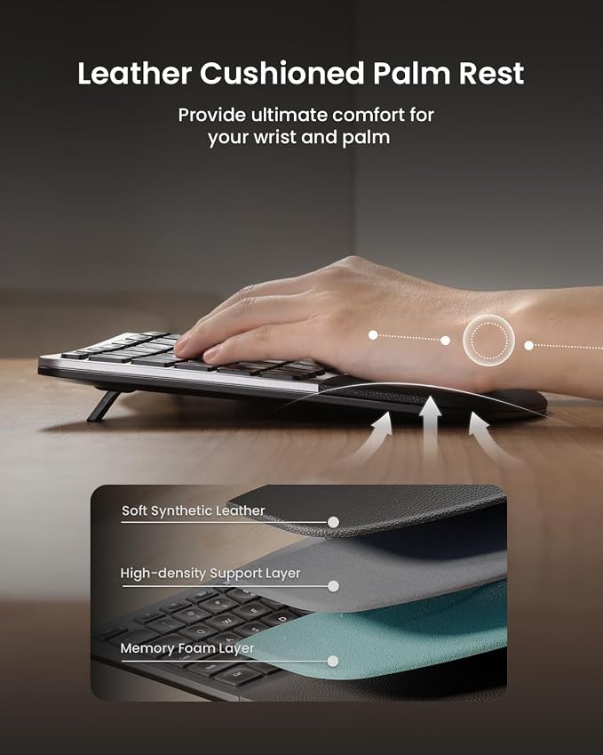 ProtoArc EKM01 Plus Wireless Ergonomic Keyboard Mouse Combo - Gray Black | Full-size Split Keyboard with Cushioned Wrist Rest, Ergonomic Mouse, 3-Device Bluetooth/2.4G, USB-C Rechargeable - Image 3