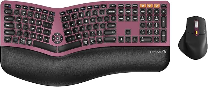ProtoArc EKM01 Plus Wireless Ergonomic Keyboard Mouse Combo - Wine Red | Full-size Split Keyboard with Cushioned Wrist Rest, Ergonomic Mouse, 3-Device Bluetooth/2.4G, USB-C Rechargeable by ProtoArc