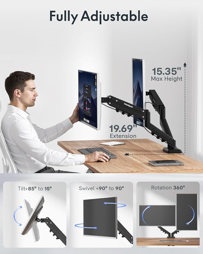 Flexispot Dual Monitor Arm, 17-32 Inch Monitor Mount up to 19.84 lbs, Fast Install VESA Mount for Home Office Gaming, Full Adjustable Gas Spring with C-Clamp and Grommet Base, Black - Image 3