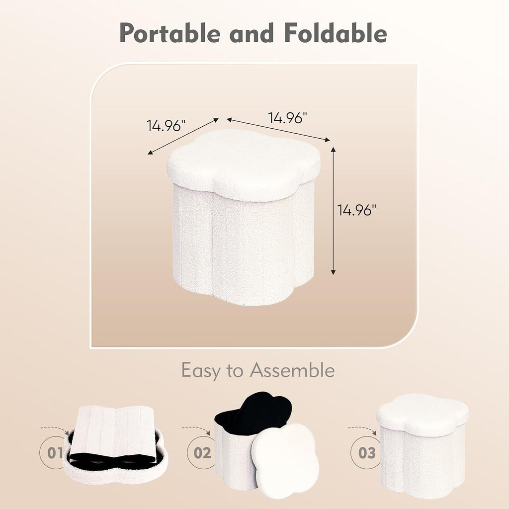 B FSOBEIIALEO Storage Ottoman Cube, 15" Flower Shaped Ottomans, Cream White - Image 3