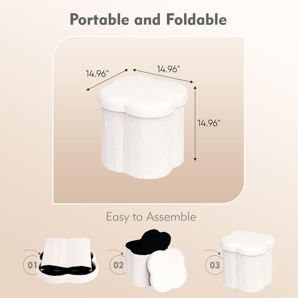 B FSOBEIIALEO Storage Ottoman Cube, 15" Flower Shaped Ottomans, Cream White - Image 3