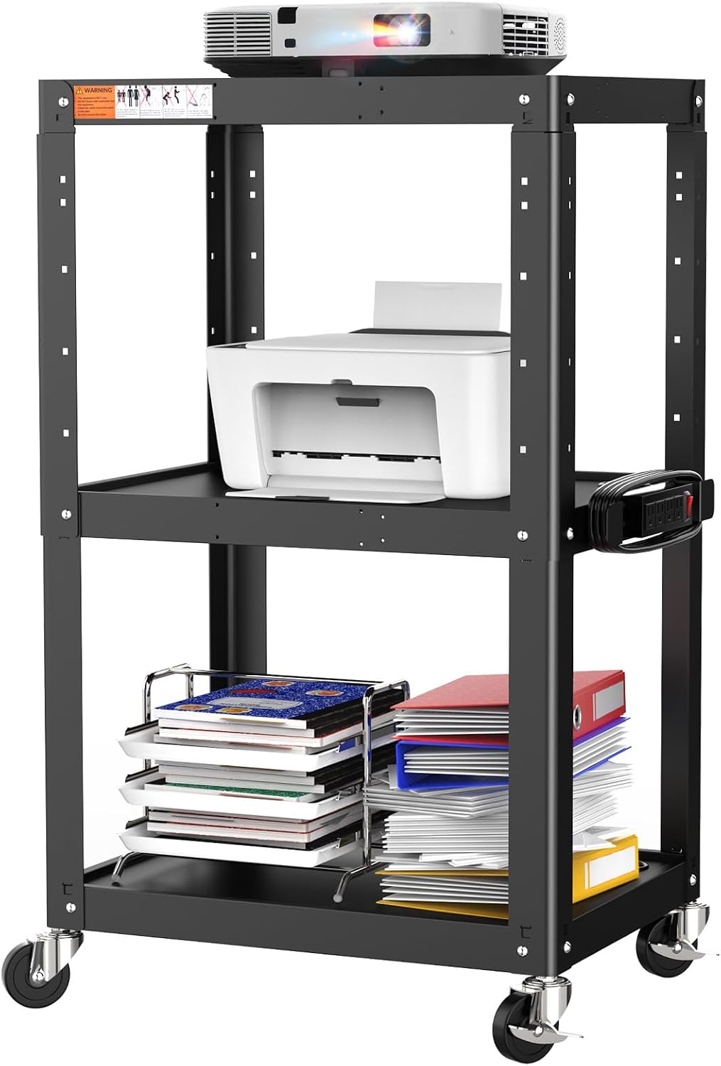 3 Shelf Metal Utility Cart - Durable Computer Cart on Wheels with Power Strip,Height Adjustable AV Presentation Cart Stand for Movie Projector,TV and Laptop Computers,Easy to Assemble, Black by Metateel