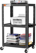 3 Shelf Metal Utility Cart - Durable Computer Cart on Wheels with Power Strip,Height Adjustable AV Presentation Cart Stand for Movie Projector,TV and Laptop Computers,Easy to Assemble, Black by Metateel