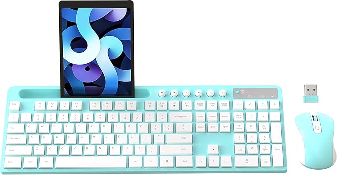 Wireless Keyboard and Mouse Combo, MARVO 2.4G Ergonomic Wireless Computer Keyboard with Phone Tablet Holder, Silent Mouse with 6 Button, Compatible with MacBook, Windows (Blue) by MARVO