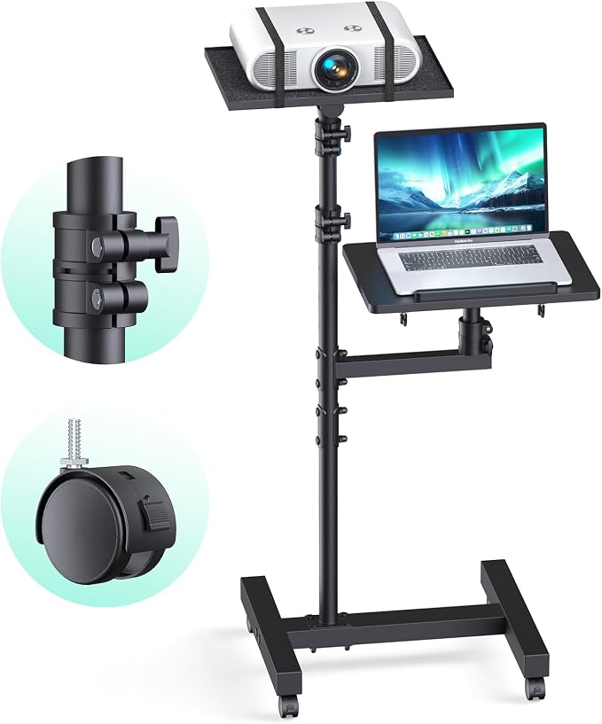 Projector Stand Tripod: 2 Shelves Mobile Laptop Cart Adjustable Height 45 to 64 Inches, Rolling Laptop Stand Cart with Ventilated Tray, Projector Tripod Stand on Wheels for Couch, Bedside, Meeting by Wphold