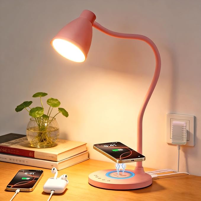 BOHON Cute Desk Lamp for Home Office with USB C+A Charging Port Timer Pink | LED Desk Light with Wireless Charger 5 Colors Stepless Dimming Reading Light Touch Bedside Table Lamp for College Dorm Room by BOHON