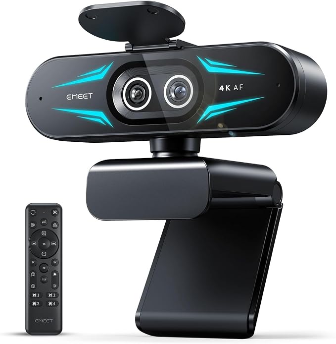 EMEET C60E Dual-Camera 4K Webcam for Streaming, Wide-Angle & Telephoto | Max 11X Hybrid Zoom & PDAF Autofocus, Remote Control, RGB Lighting, 2 Mics, Ideal for Livestreaming and Online Meeting by EMEET