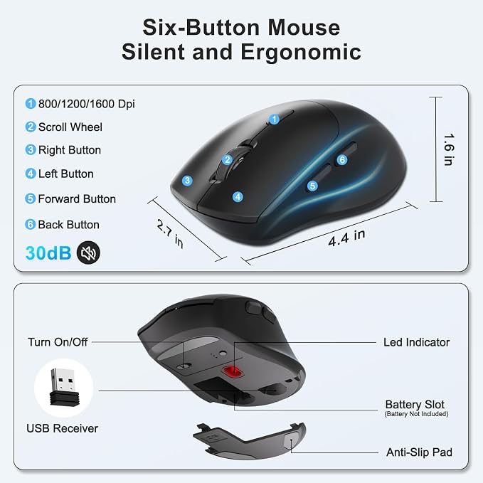 Wireless Keyboard and Mouse Combo, Full Size Ergonomic Wave Keys(Blue) | 2.4G Ergonomic Keyboard with Wrist Rest, Phone Holder, 3-Level DPI Silent Mouse with 6-Buttons, for Windows/Mac OS/Laptop/PC - Image 5