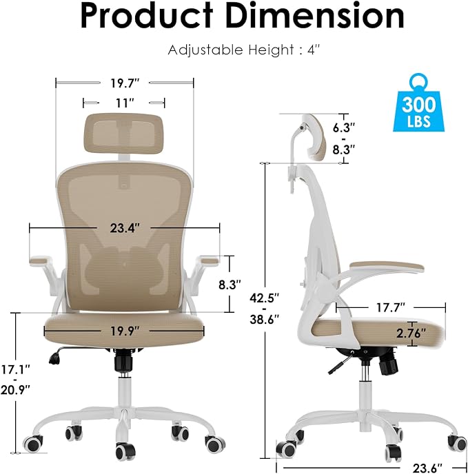 Farini Ergonomic Office Chair, Home Office Desk Chair with Headrest, High Back Swivel Computer Chair with Armrests and Adjustable Lumbar Support for Home Office Study Room, White & Khaki - Image 2