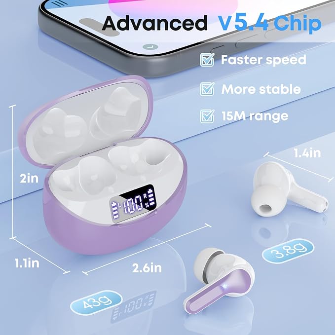 Wireless Earbuds, Bluetooth 5.3 Headphones HiFi Stereo 50H Playback LED Digital Display Ear Buds with ENC Noise Canceling Headset, IPX7 Waterproof Earphones for Gym/Running/Work(Light Purple) - Image 7