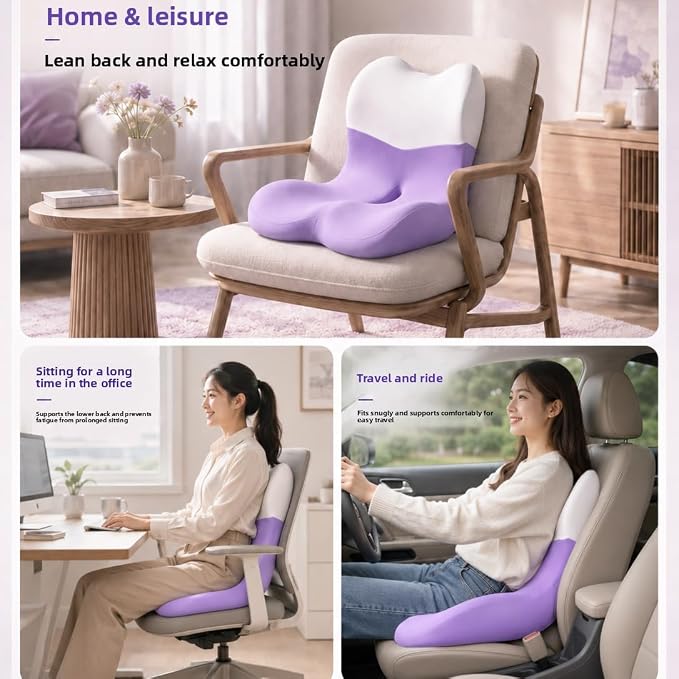 X Large Memory Foam Seat Cushion Lumbar Support Pillow for Sciatica & Tailbone Pressure Relief Coccyx Pad for Office Chair, Car,Wheelchair,Home,Office-Purple - Image 7