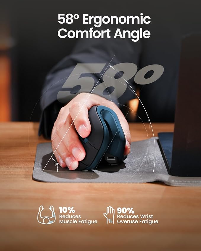 ProtoArc EM11 NL Wireless Ergonomic Mouse, Rechargeable Vertical Mouse | 58° vertical design supports a natural wrist posture, connect 3 devices via Bluetooth/2.4G USB-A, 500mAh USB-C rechargeable. - Image 8