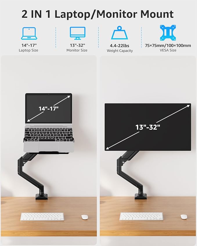 MOUNTUP Laptop Stand for Desk, 2-in-1 Monitor Mount with Laptop Tray Holds 2.2-22lbs, Adjustable Laptops Arm Mount for Max 17" Notebook & 32" Monitor, Laptops Desk Arm with Clamp/Grommet - Image 2