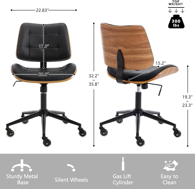 Home Office Desk Chair with Rubber Wheels, Armless Bentwood, Black | Adjustable Height Armless Office Chair, PU Leather Mid Back 360°Small Computer Chair, No Arms Walnut Seating, 300LBS Support - Image 2