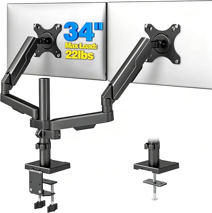 Rfiver Dual Monitor Stand Desk Mount for 17-34" Screens Holds up to 22lbs | Full Motion Height Adjustable, Tilt/Swivel, 360 Rotation VESA 75/100mm, Compatible C-clamp/Grommet Base Install by Rfiver
