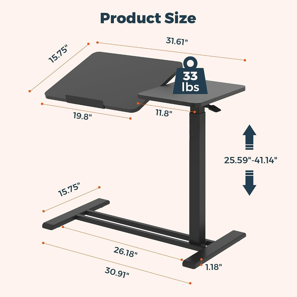 32''Large Pneumatic Overbed Tilting Bedside Table,Desk with Wheels - Image 3