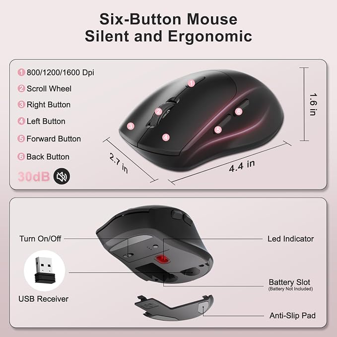 Wireless Keyboard and Mouse Combo, Full Size Ergonomic Wave Keys(Pink-B) | 2.4G Ergonomic Keyboard with Wrist Rest, Phone Holder, 3-Level DPI Silent Mouse with 6-Buttons, for Windows/Mac OS/Laptop/PC - Image 4