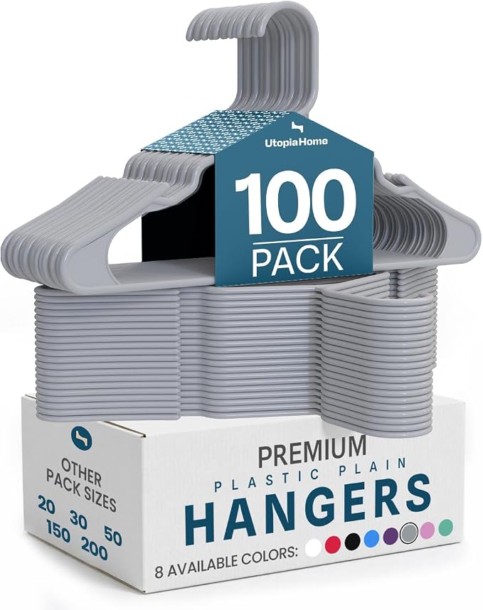 Utopia Home Plastic Hangers 100 Pack – Space Saving Clothes Hanger Grey | Durable & strong | Closet organizer & storage | Ideal for apartments, dorms & stocking stuffers by UTOPIAHOME