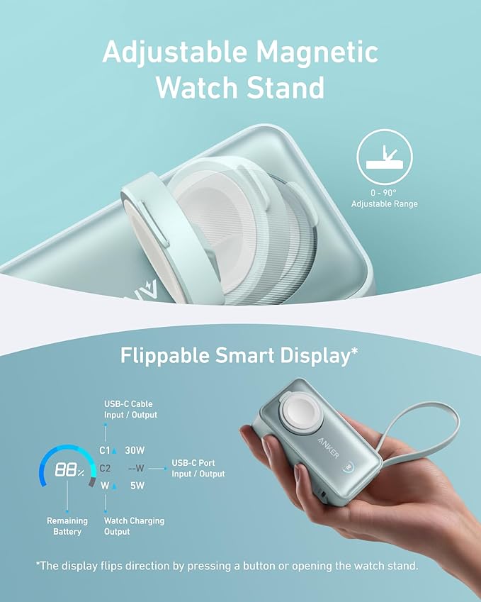 Anker MagGo Power Bank for Apple Watch, 10,000mAh 35W Max Portable Charger | Officially Certified 10,000mAh Battery Pack with Built-In USB-C Cable, for iPhone 17 Series, Samsung, iPad, AirPods, and More - Image 5