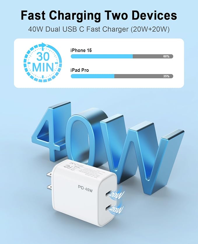 iPhone 17 16 15 Charger, 4 Pack 40W USB C Charger Dual Port Fast Charging Block (4-Pack 6 ft USB C to C Cable Cord Included) for iPhone 17 16 15 Pro Max/15Pro/15/15Plus,iPad | USB C Charger Fast Charging (4-Pack 6 ft USB C to C Cable Cord Included) for... - Image 3