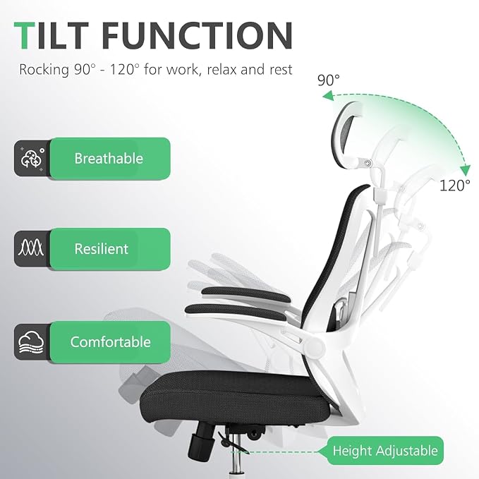 Office Chair (07White-Black, Chair) | 360° Swivel Adjustable Lumbar Support & Flip-Up Armrests capacity 300 lbs capacity - Image 3