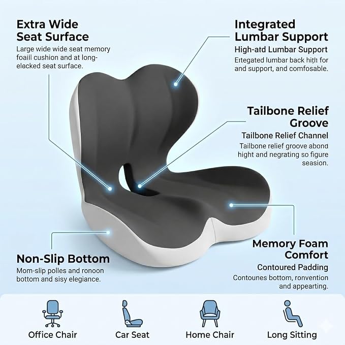 MOYEE Wide Memory Foam Seat Cushion with Lumbar Support for Office Chair & Car Seat, Ergonomic Design for Long Sitting, Gradual Relief & Lasting Support for Back, Tailbone & Sciatica Pain - Image 2