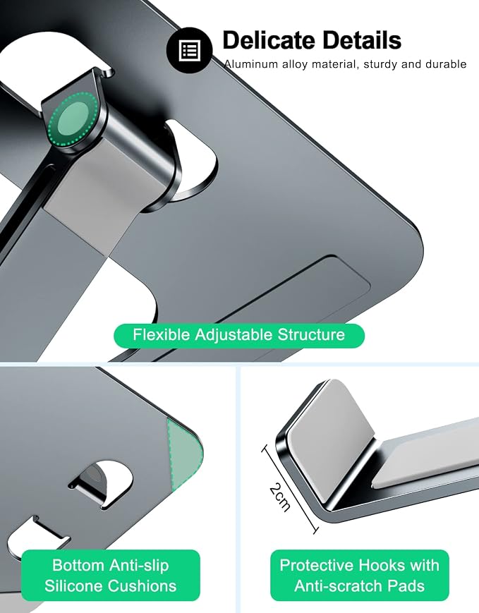 RIWUCT Foldable Aluminum Alloy Laptop Stand for Desk, Height Adjustable Ergonomic Computer Stand, Portable Laptop Riser Holder Printer Stand Compatible with MacBook Pro Air/HP/Dell 10-16", Gray - Image 6